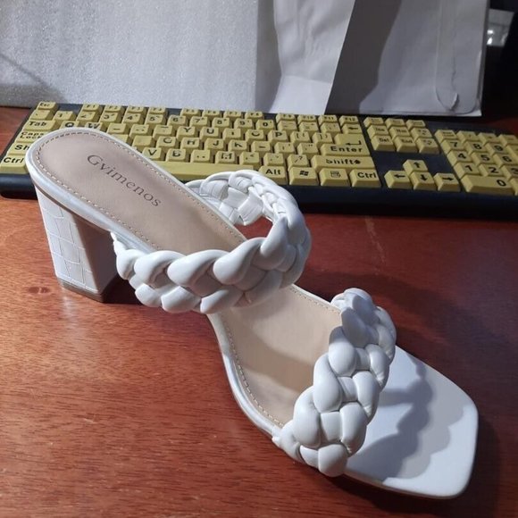 NEW ! Gvimenos Braided Heel Slip On Block Sandals White Wedding Party Size 10 - Picture 3 of 6
